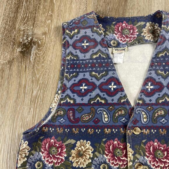 Vintage 70's Vivaldi Jeanswear Floral Paisley Denim Vest Women's M USA Made - Picture 2 of 14
